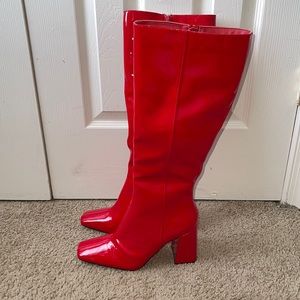Red Chunky Heel Boots